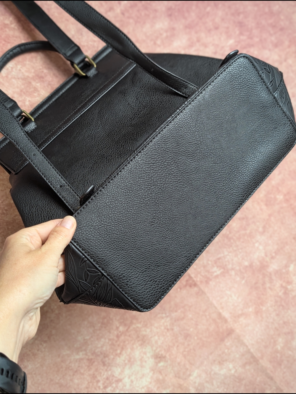 Darcy Marks London Black Vegan Leather Floral Embossed Backpack Purse - Picture 7 of 16